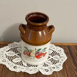 Rustic Ceramic Vase with Fruit Motif - Brown and Cream